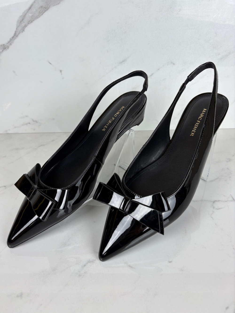 Marc Fisher Kerrey Black Patent Bow Slingback Flats Size 10M Pointy Toe